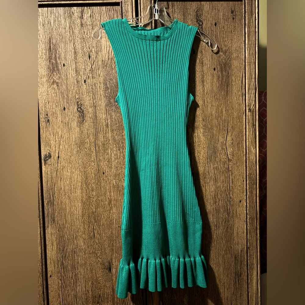 NWOT Women’s sleeveless knit ruffle hem dress in Kelly/emerald green, size large - Picture 7 of 11